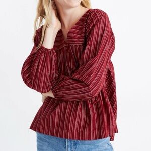 Madewell Swingy Peasant Top in Metallic Stripe Size Small Maroon